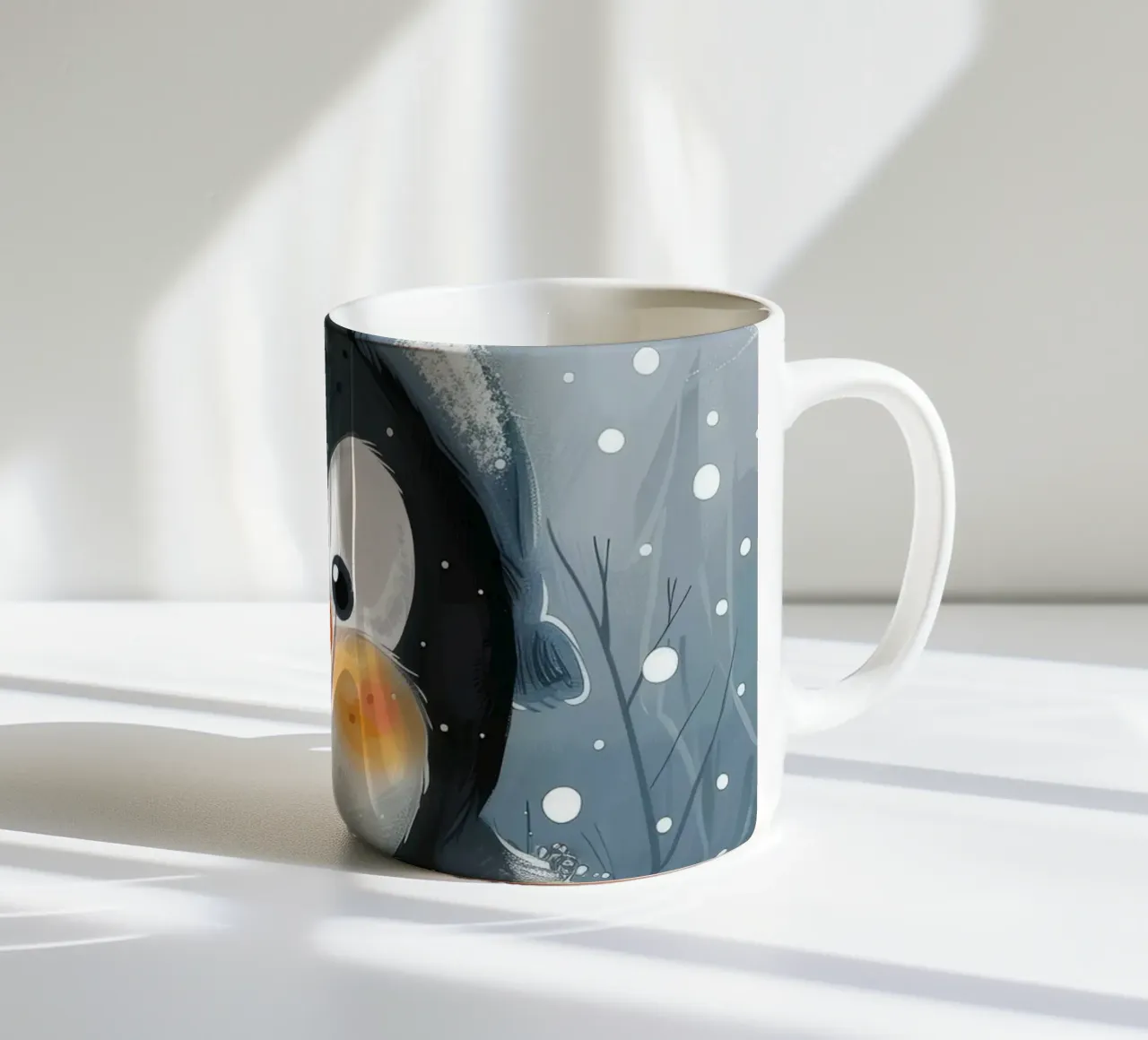 Un simpatico pinguino sguazza nella neve in un paese delle meraviglie invernale tazza in ceramica da DesignDoodle