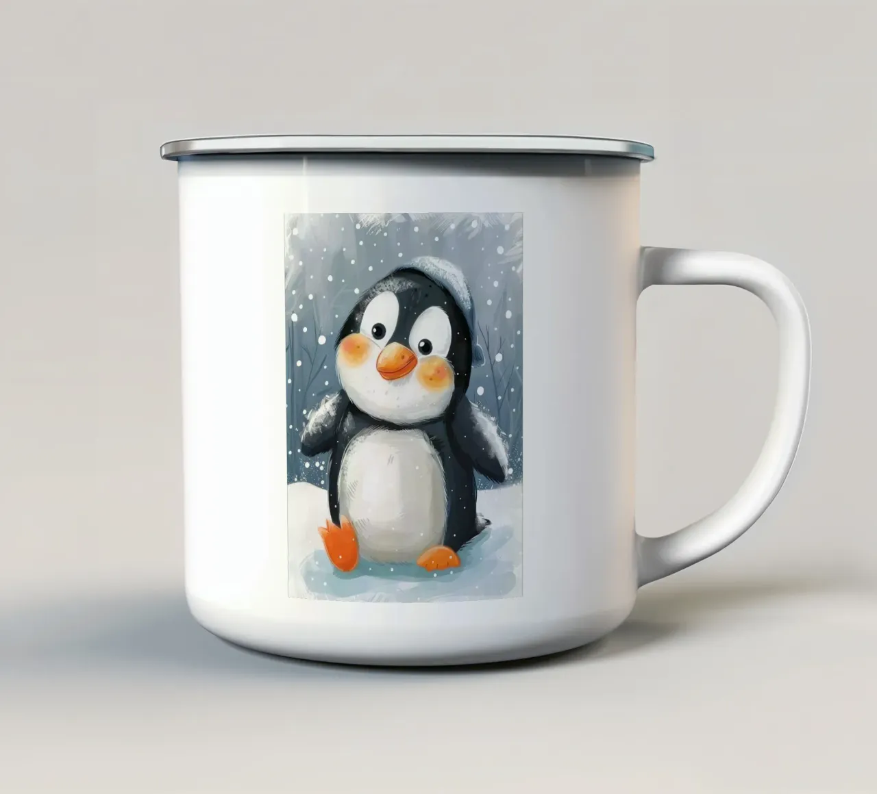 Un simpatico pinguino sguazza nella neve in un paese delle meraviglie invernale tazza in smalto da DesignDoodle