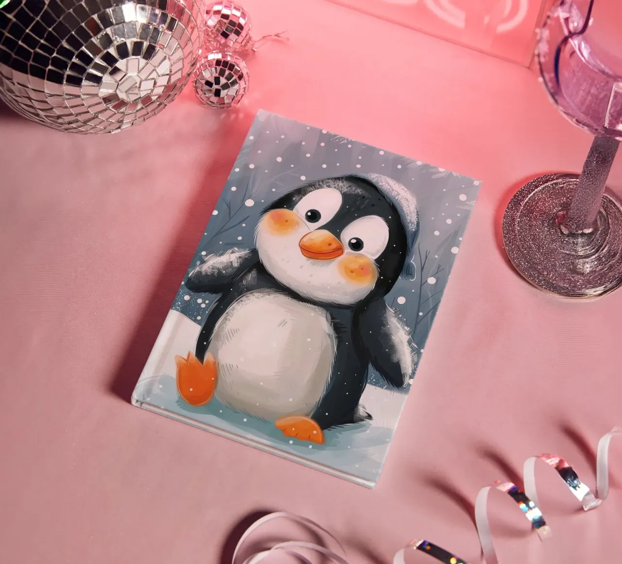 Cute penguin waddles through the snow in a winter wonderland notebook by DesignDoodle