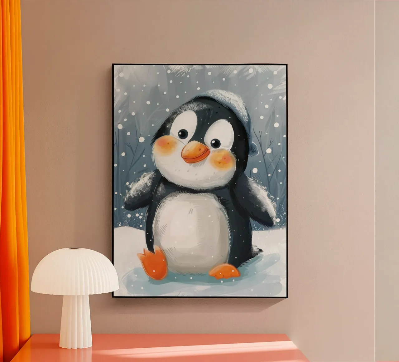 Un simpatico pinguino sguazza nella neve in un paese delle meraviglie invernale plexiglass da DesignDoodle