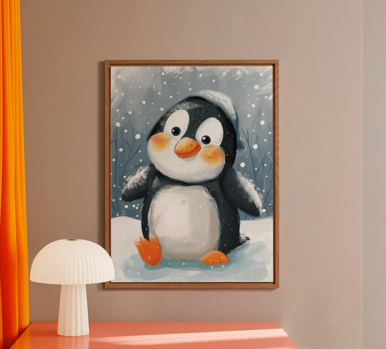 Un simpatico pinguino sguazza nella neve in un paese delle meraviglie invernale pannello forex da DesignDoodle
