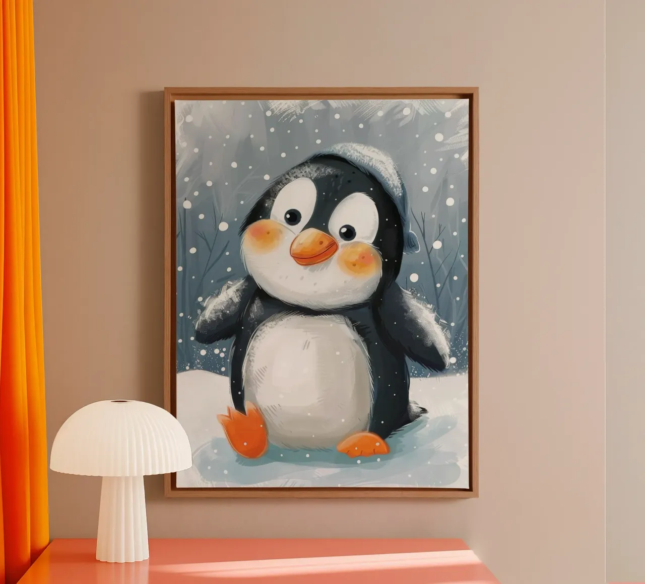 Cute penguin waddles through the snow in a winter wonderland canvas by DesignDoodle
