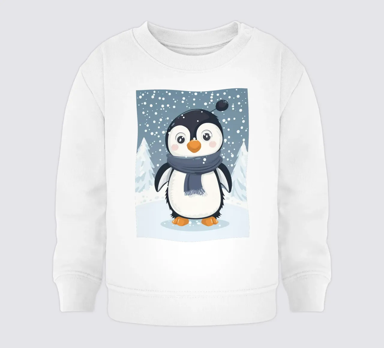 Un pingouin mignon portant une écharpe se tient dans la neige avec un pin. sweat pour bébé de DesignDoodle