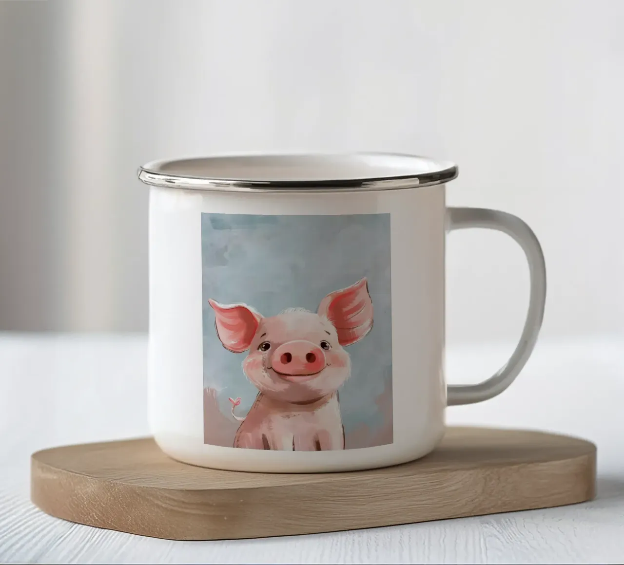 Cute cartoon piglet smiling against a light blue background enamel mug by DesignDoodle