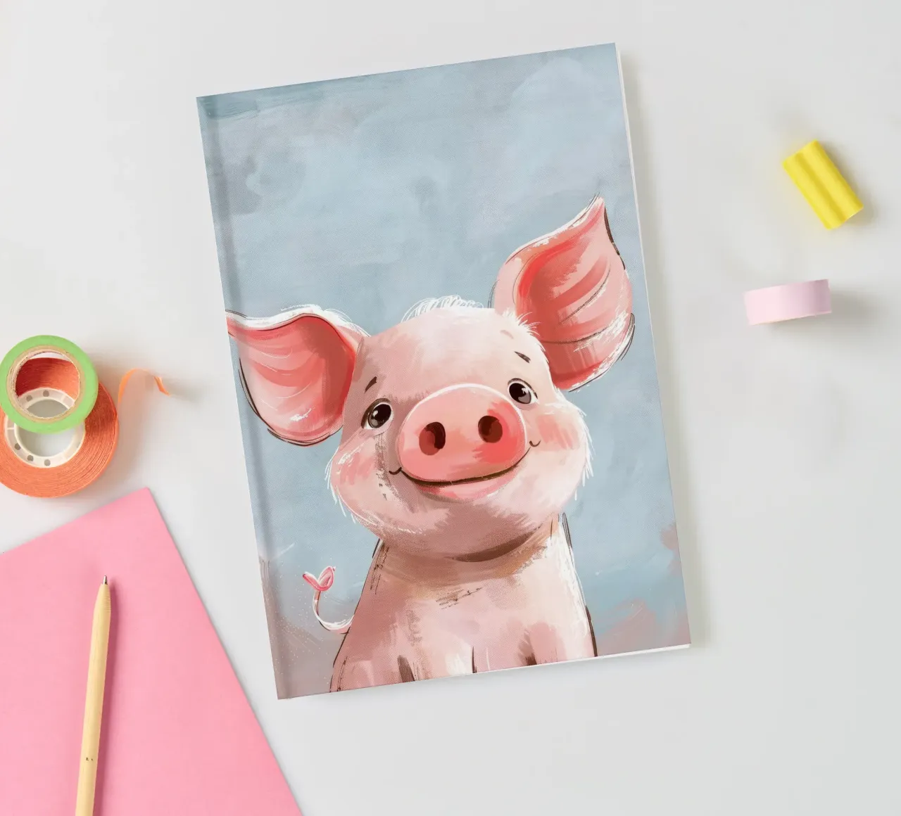 Cute cartoon piglet smiling against a light blue background notebook by DesignDoodle