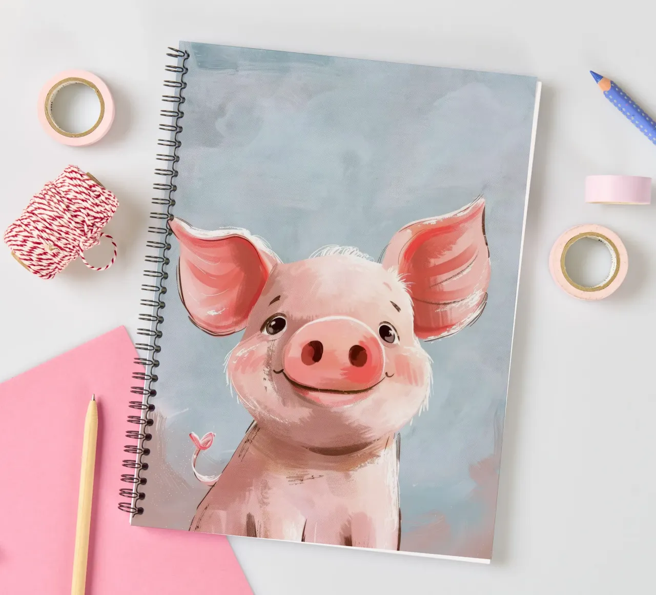 Nettes Cartoon-Ferkel lächelnd gegen einen hellblauen Hintergrund Ringbuch von DesignDoodle