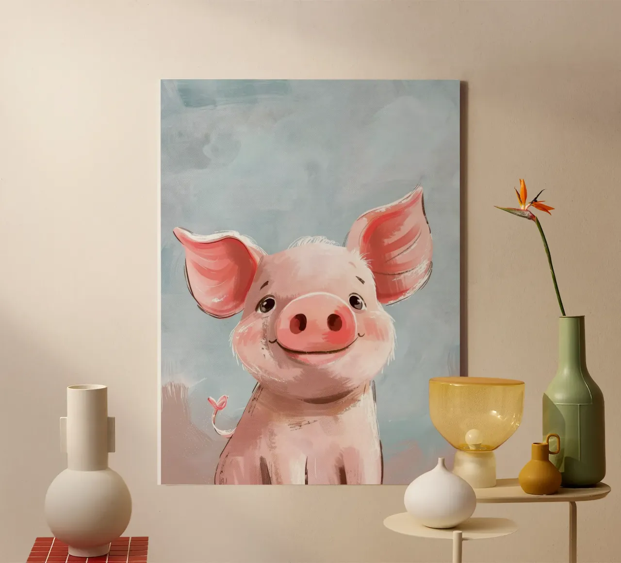 Cute cartoon piglet smiling against a light blue background canvas by DesignDoodle