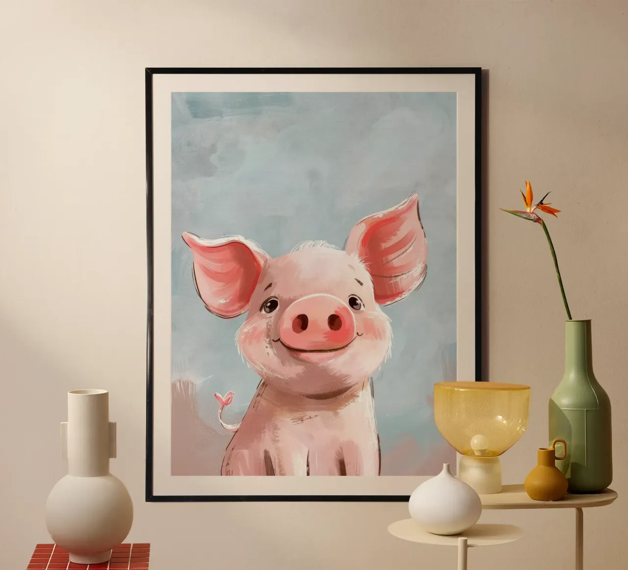 Nettes Cartoon-Ferkel lächelnd gegen einen hellblauen Hintergrund Poster von DesignDoodle