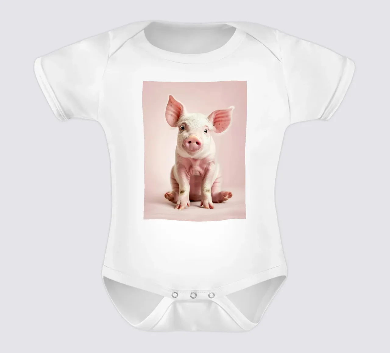 Cute piglet sits calmly against a soft pink background short-sleeve baby romper by DesignDoodle