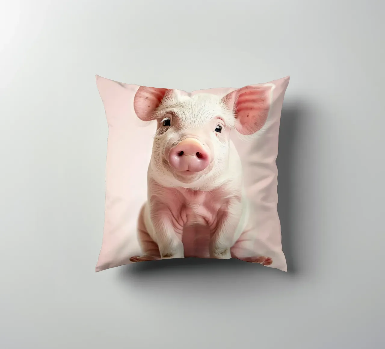 Cute piglet sits calmly against a soft pink background decorative cushion by DesignDoodle