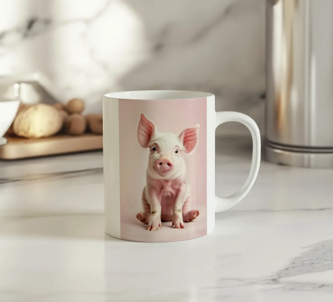 Cute piglet sits calmly against a soft pink background ceramic mug by DesignDoodle