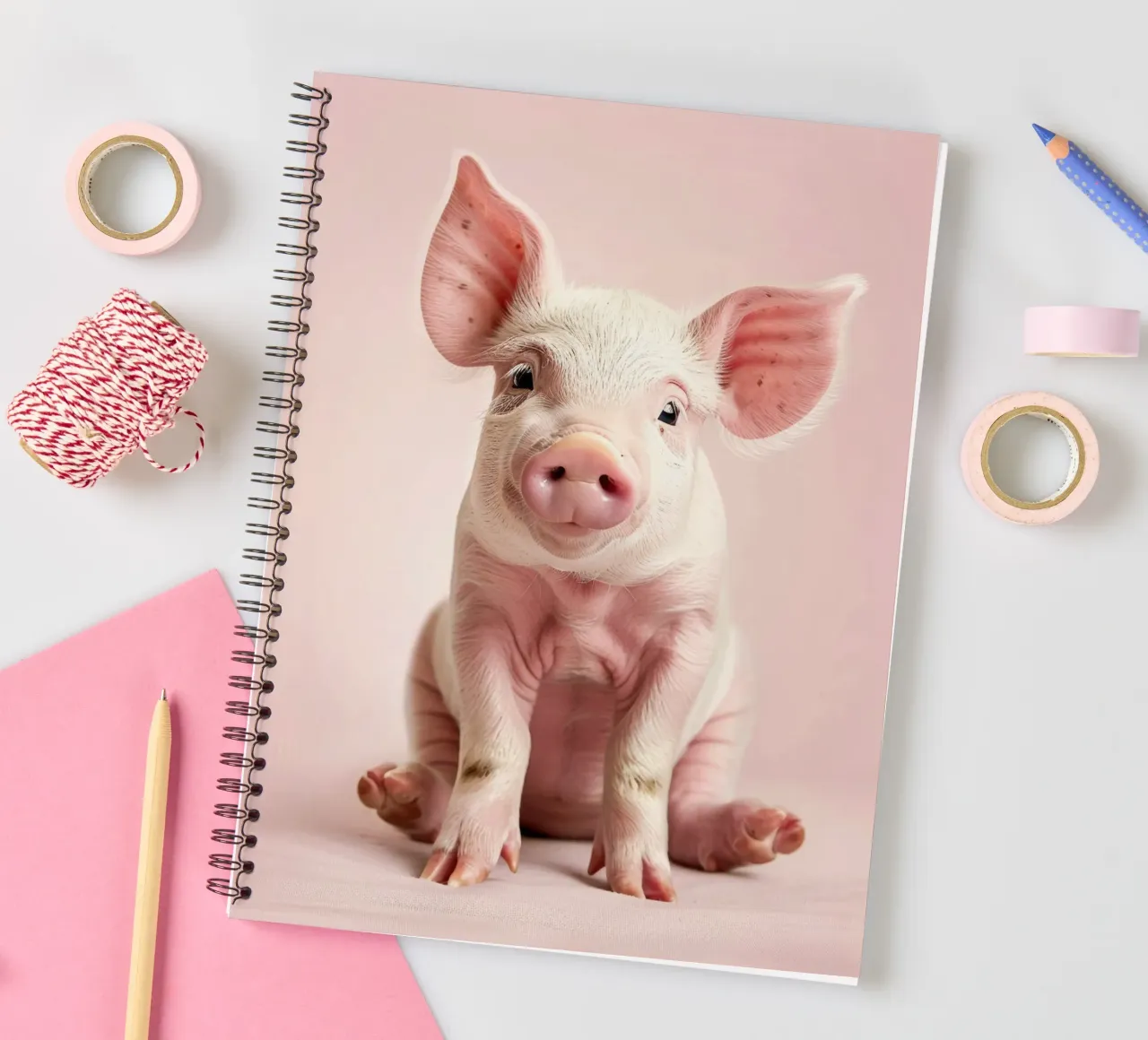Cute piglet sits calmly against a soft pink background spiral notebook by DesignDoodle