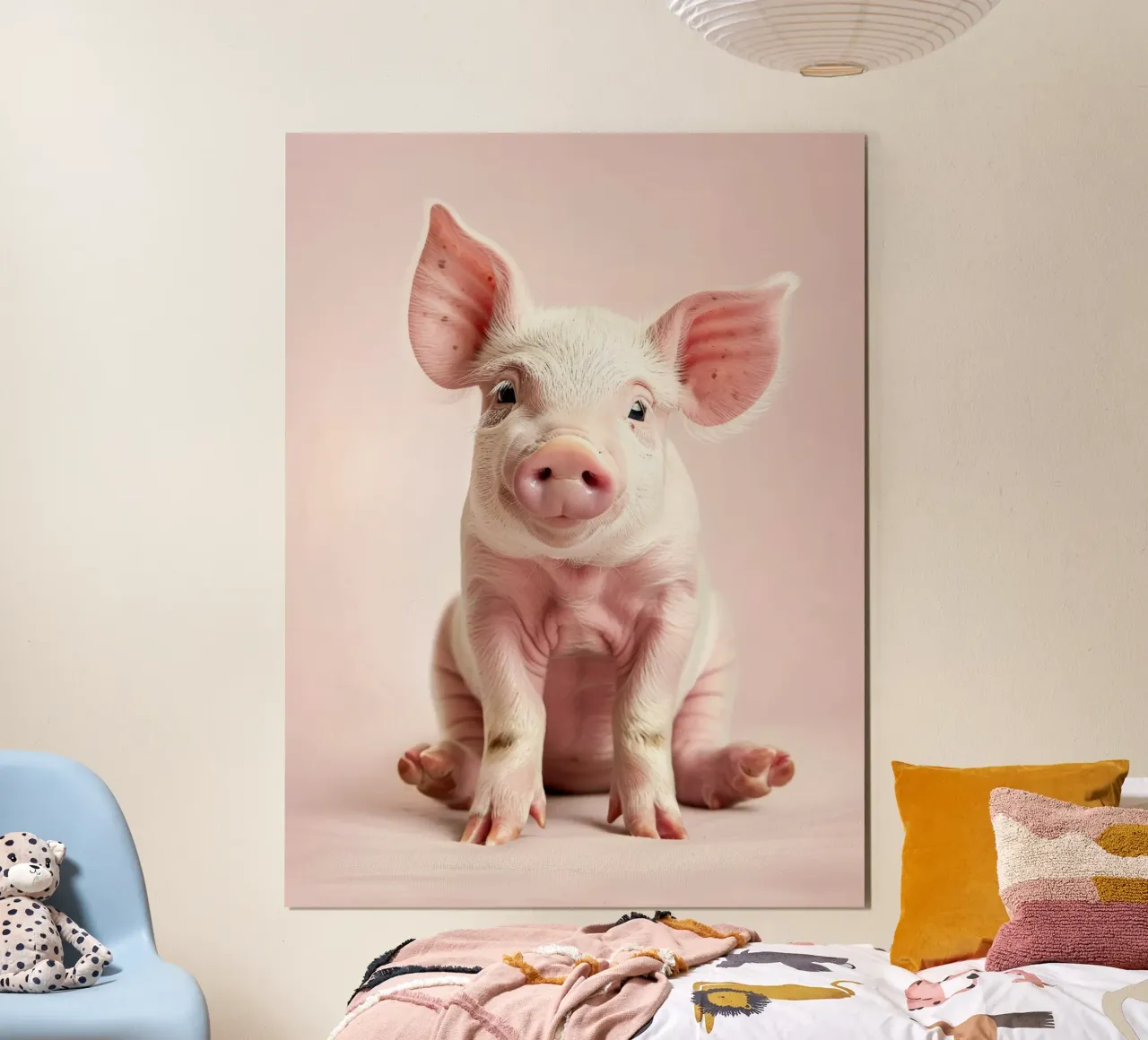 Cute piglet sits calmly against a soft pink background hahnemühle by DesignDoodle