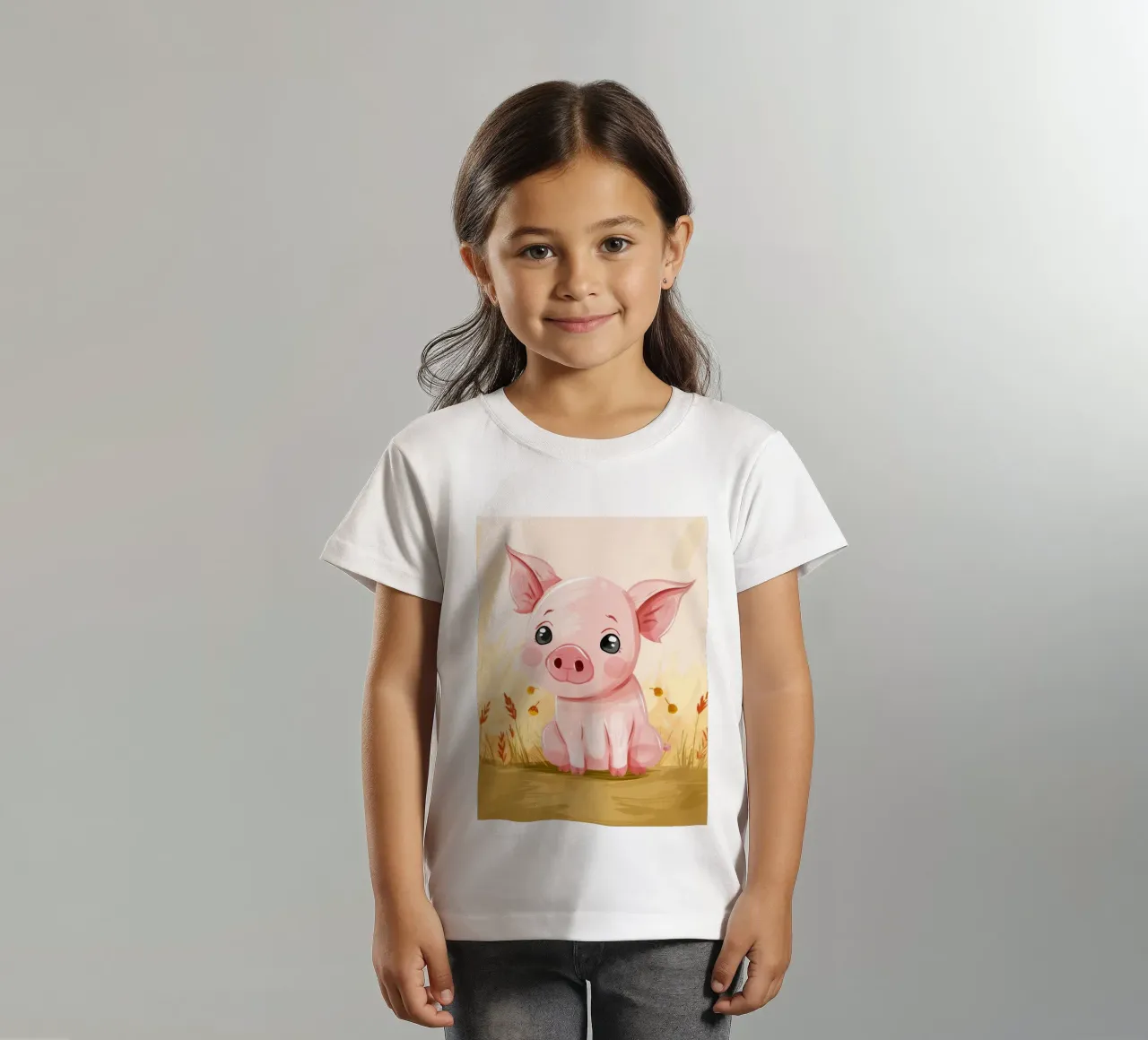 Carino il maiale dei cartoni animati seduto in un campo con le foglie cadute t-shirt bambini da DesignDoodle