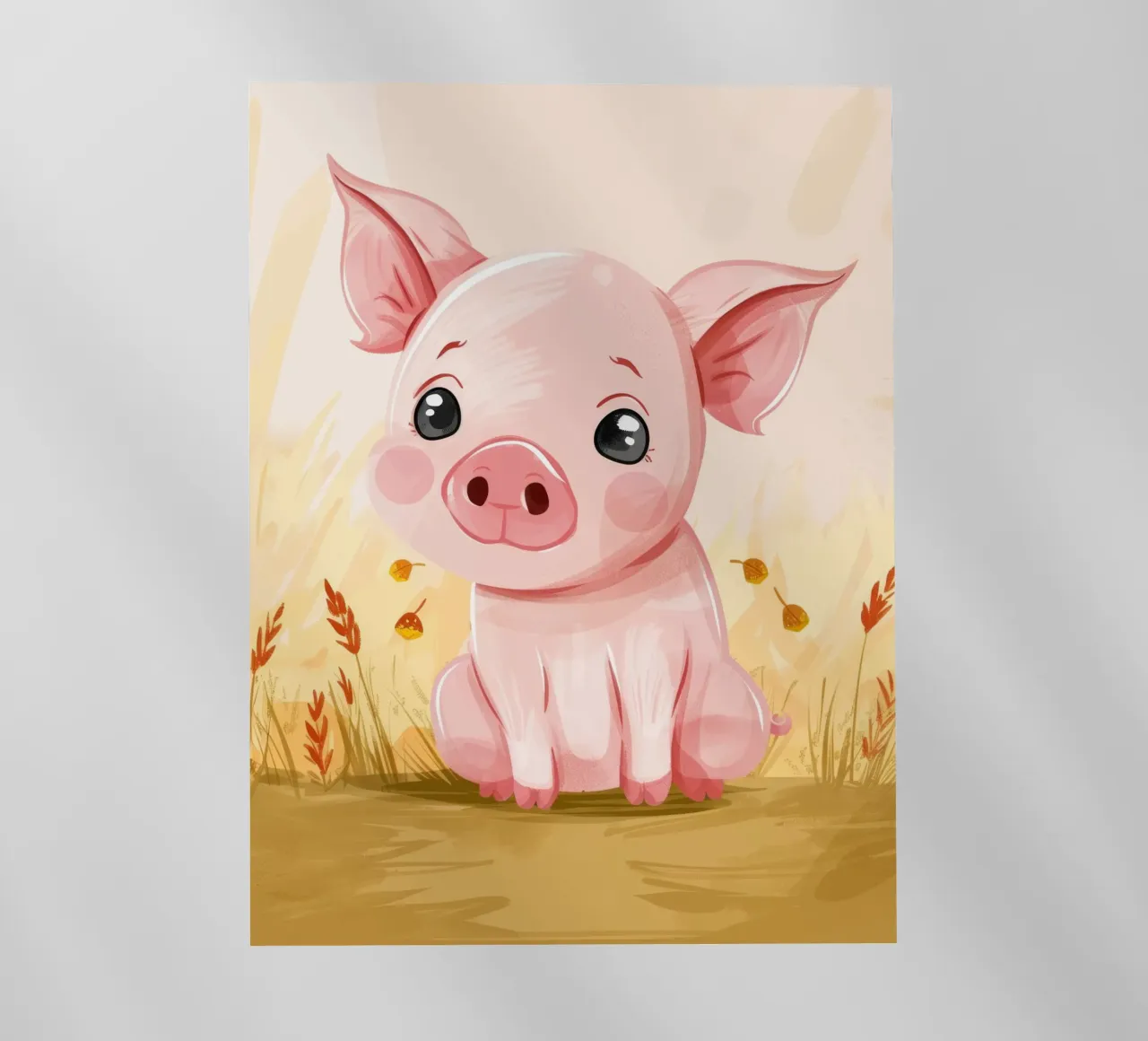 Carino il maiale dei cartoni animati seduto in un campo con le foglie cadute pellicola backlit da DesignDoodle