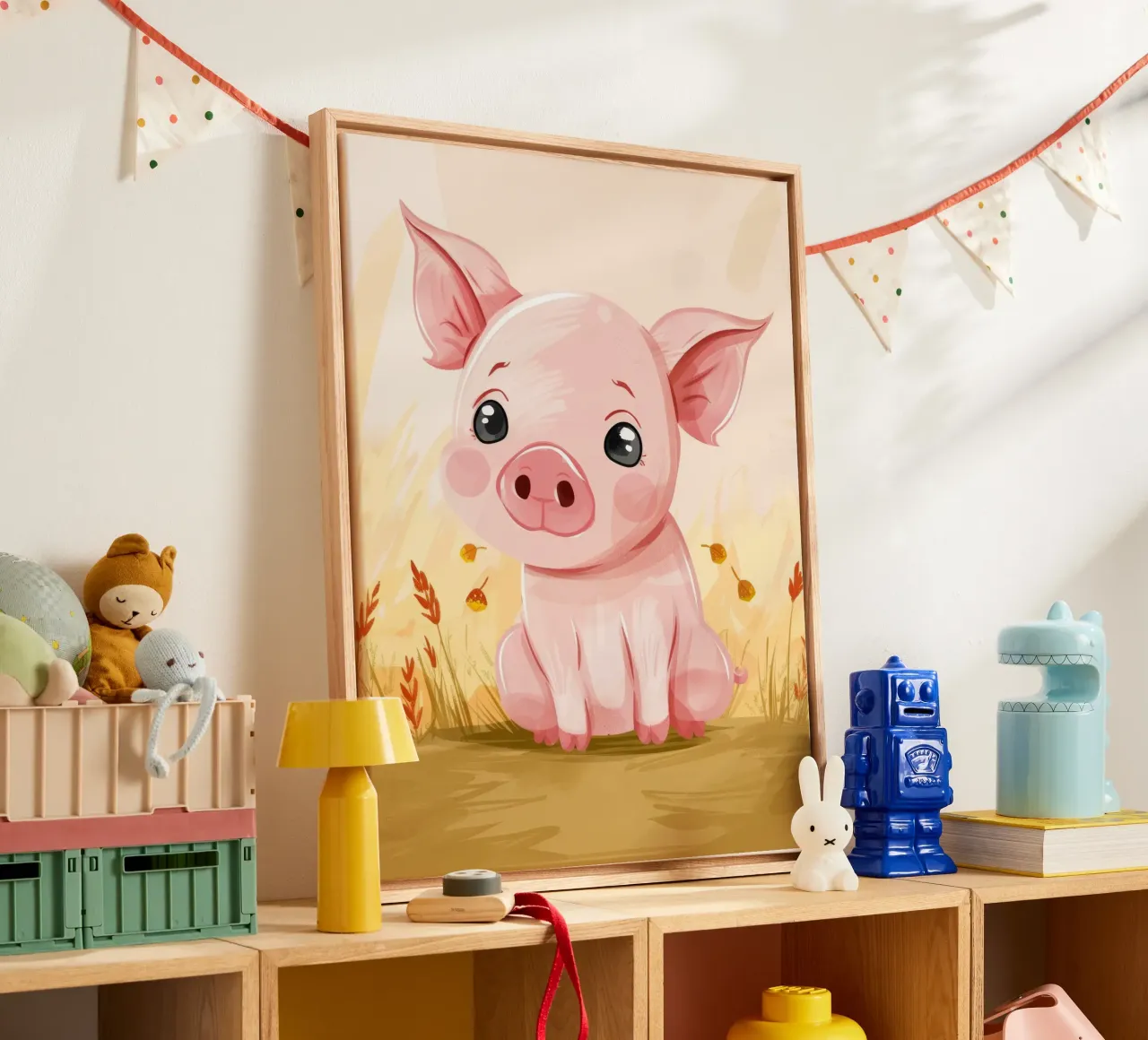 Lindo cerdo de dibujos animados sentado en un campo con hojas caídas lienzo de DesignDoodle