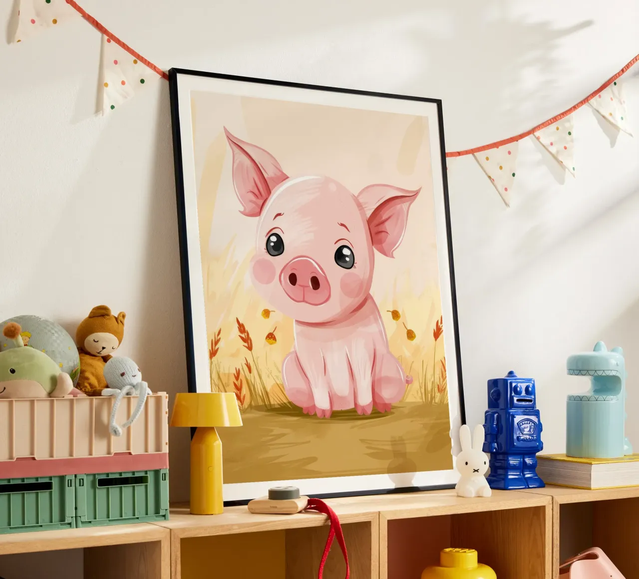 Carino il maiale dei cartoni animati seduto in un campo con le foglie cadute poster con telaio in legno da DesignDoodle