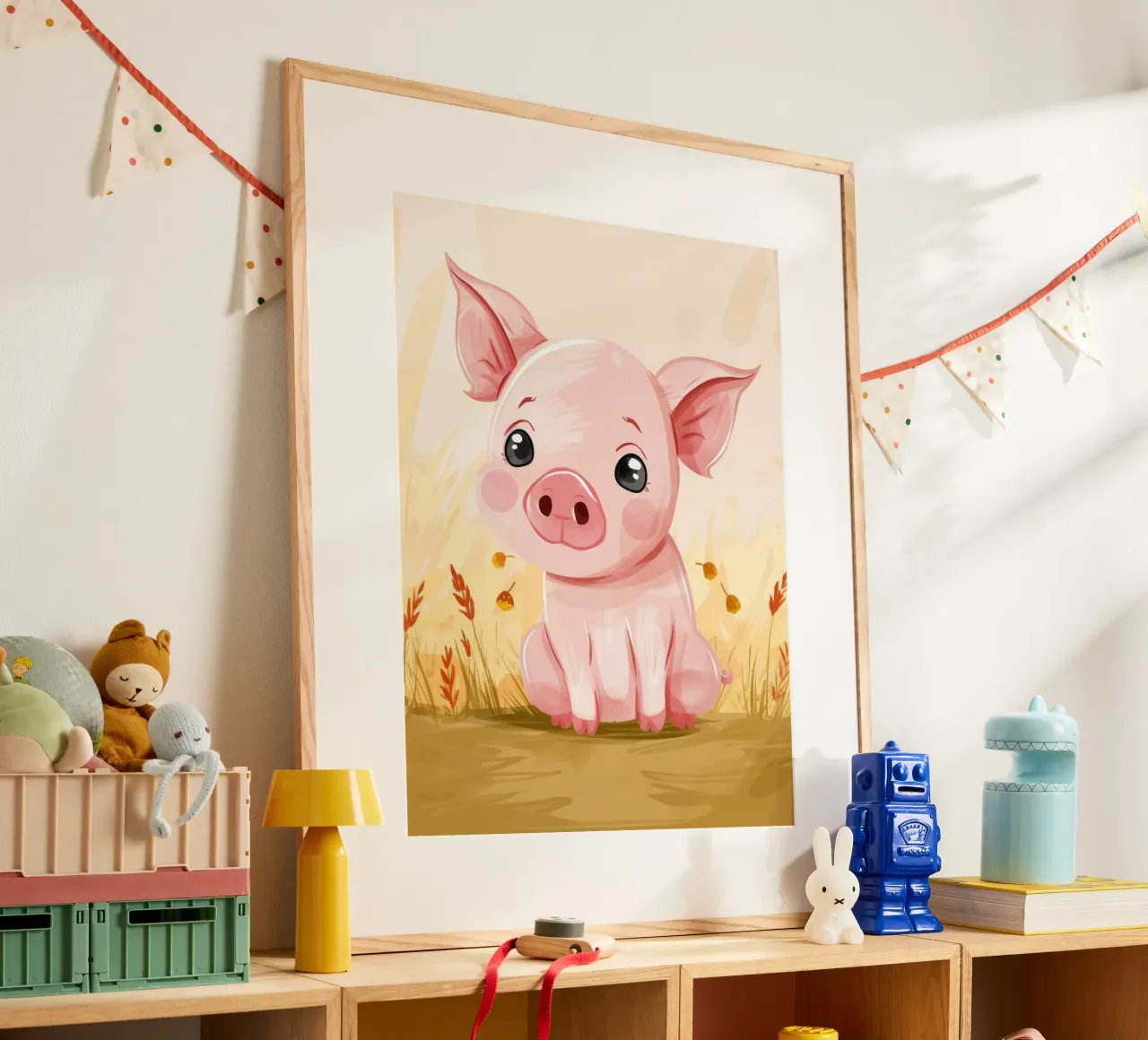 Carino il maiale dei cartoni animati seduto in un campo con le foglie cadute poster con telaio in legno da DesignDoodle