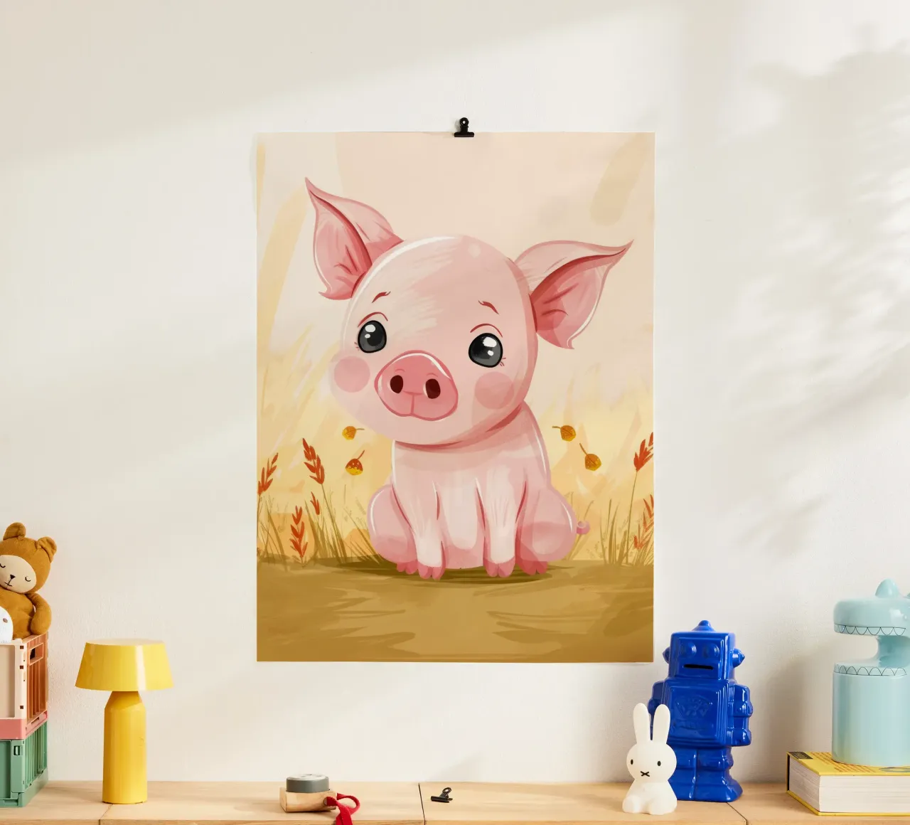 Carino il maiale dei cartoni animati seduto in un campo con le foglie cadute poster con telaio in legno da DesignDoodle