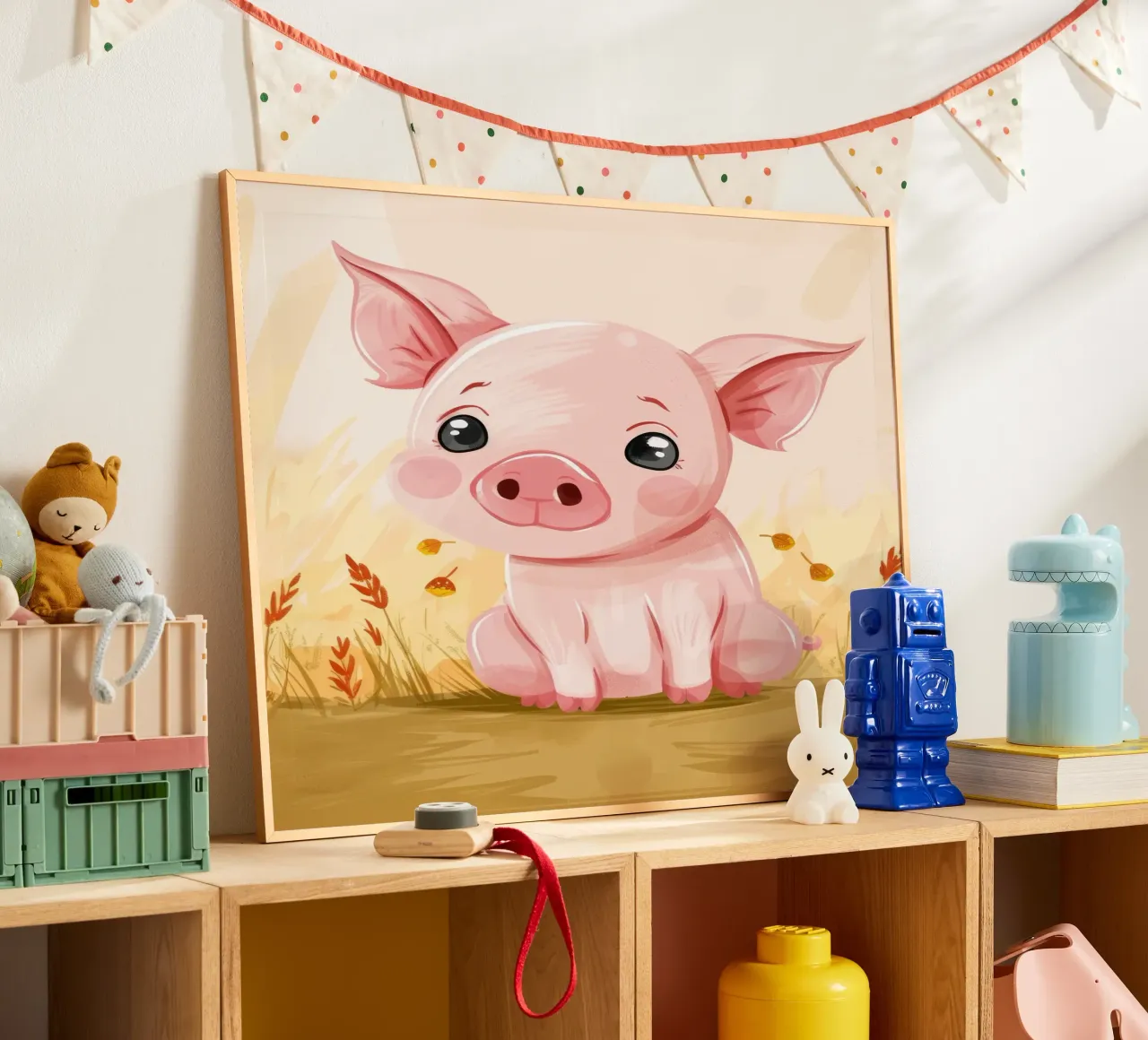 Carino il maiale dei cartoni animati seduto in un campo con le foglie cadute poster con telaio in legno da DesignDoodle