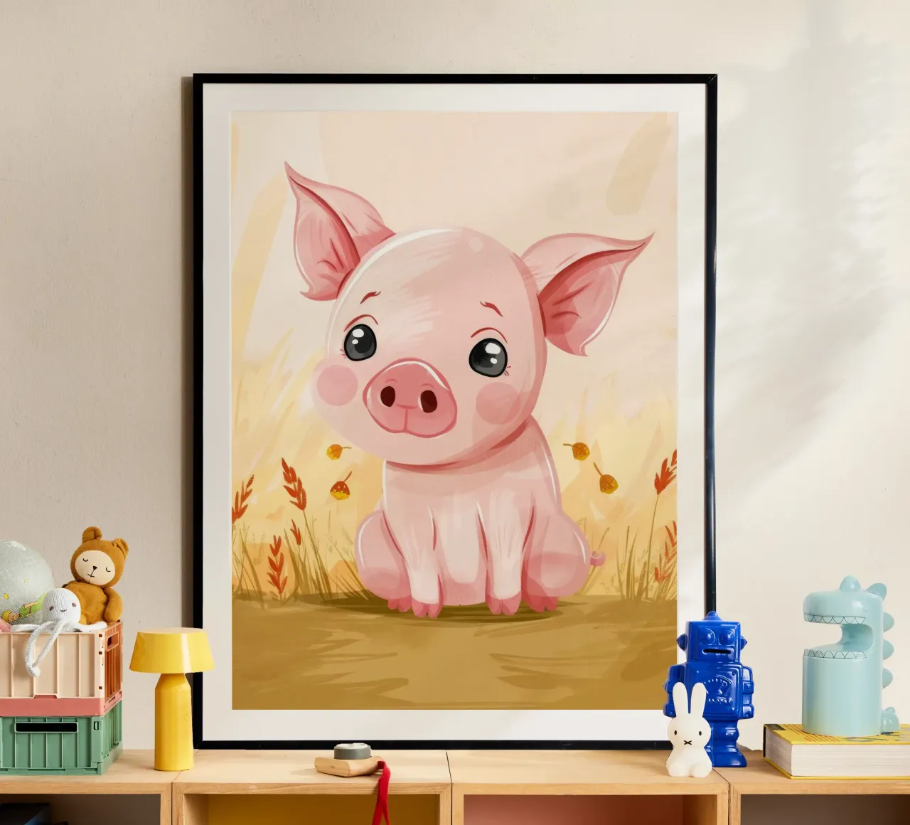 Carino il maiale dei cartoni animati seduto in un campo con le foglie cadute poster con telaio in legno da DesignDoodle