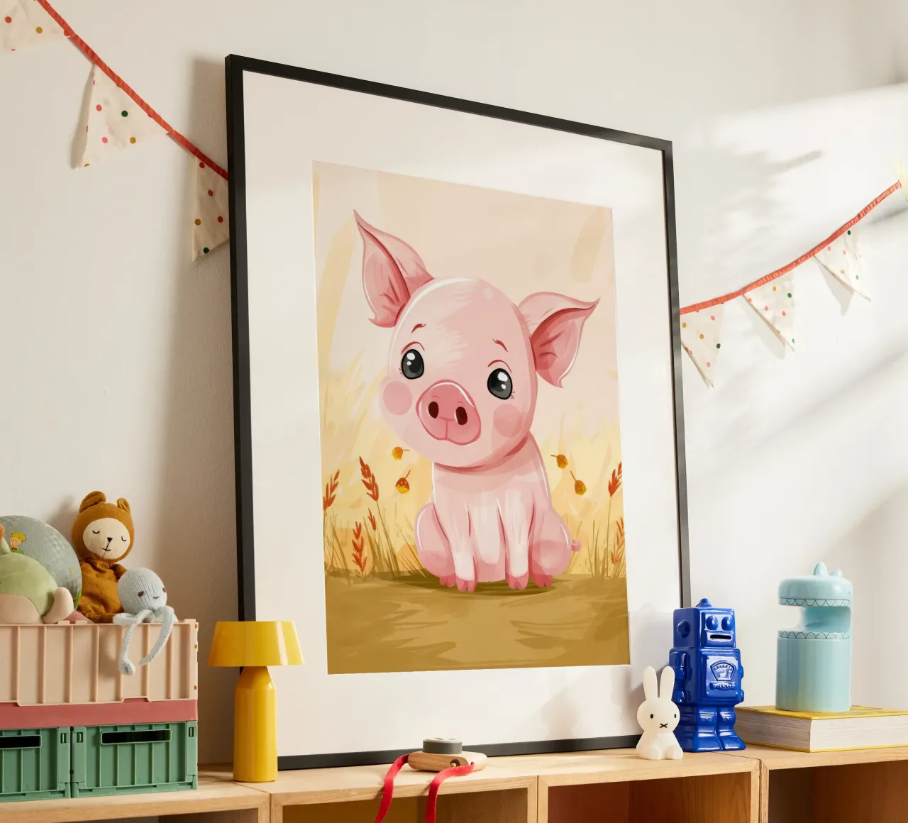 Carino il maiale dei cartoni animati seduto in un campo con le foglie cadute poster con telaio in legno da DesignDoodle