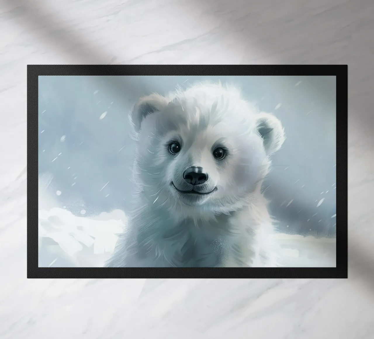 Un cucciolo di orso polare felice che gioca sul ghiaccio e sulla neve nell'Artico zerbino da DesignDoodle