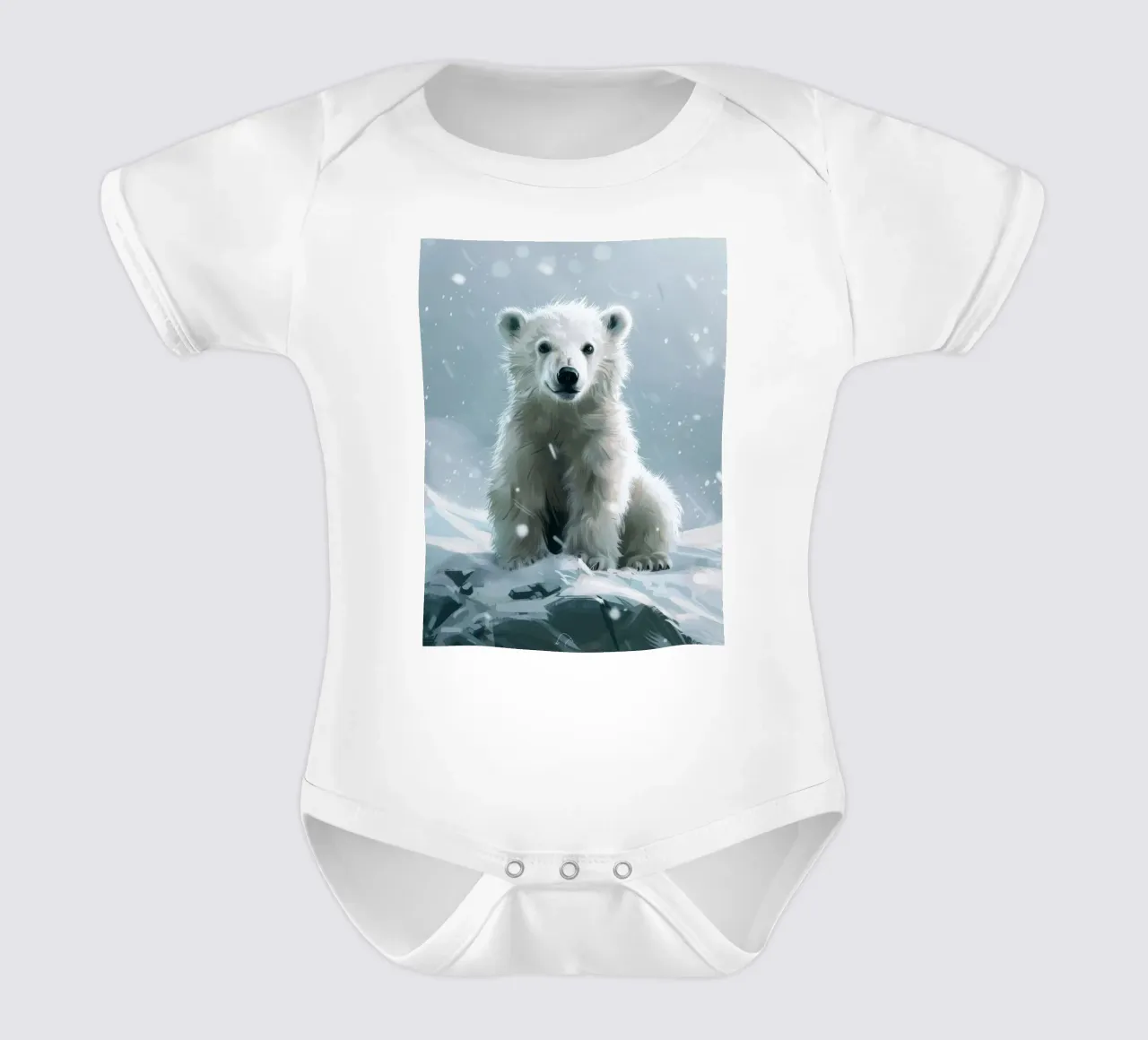 Cucciolo di orso polare seduto su un paesaggio innevato con neve cadente body neonato maniche corte da DesignDoodle