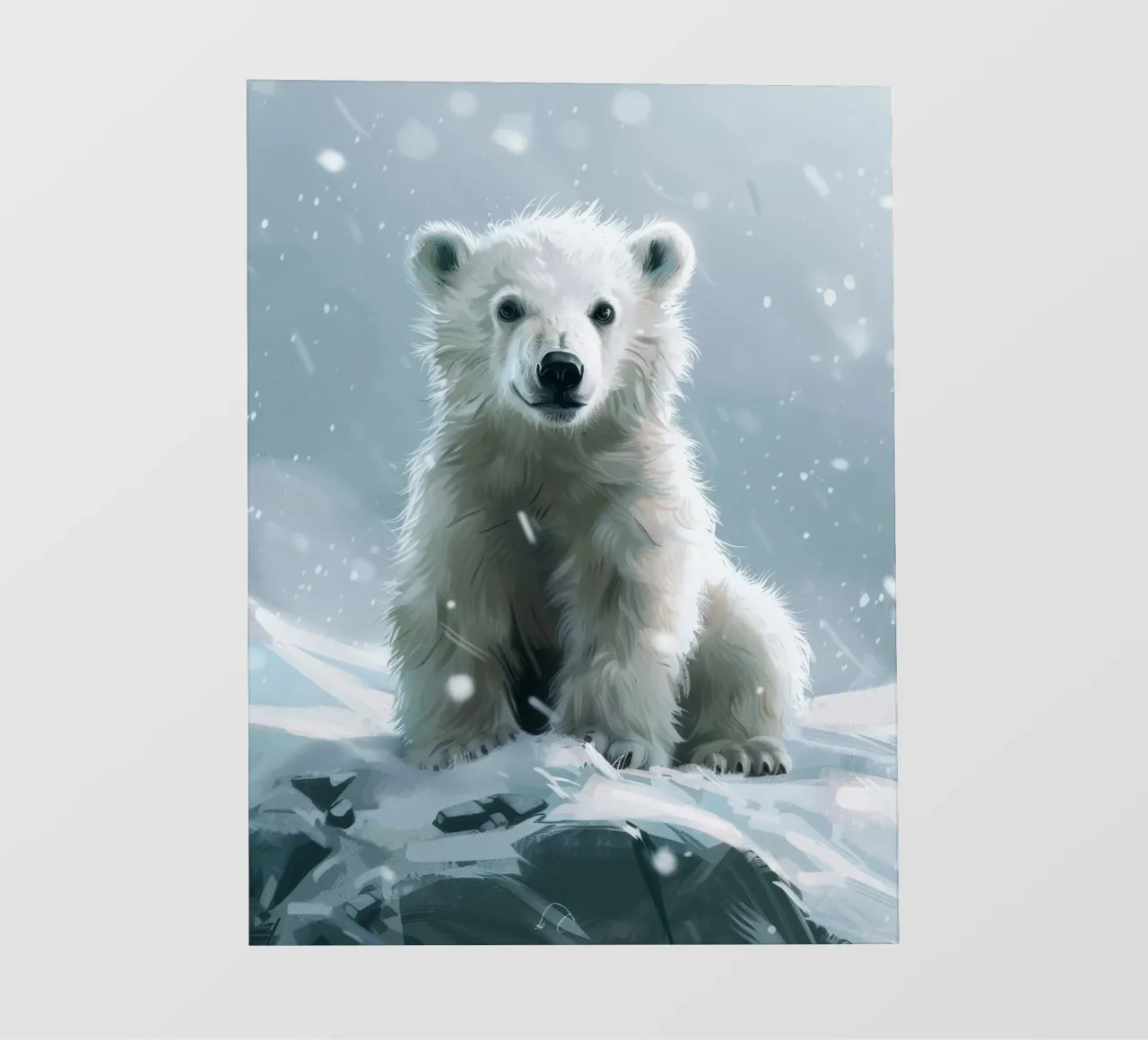 Cucciolo di orso polare seduto su un paesaggio innevato con neve cadente telo in pvc da DesignDoodle