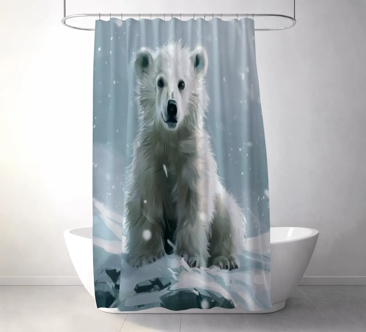Cucciolo di orso polare seduto su un paesaggio innevato con neve cadente tenda da doccia da DesignDoodle