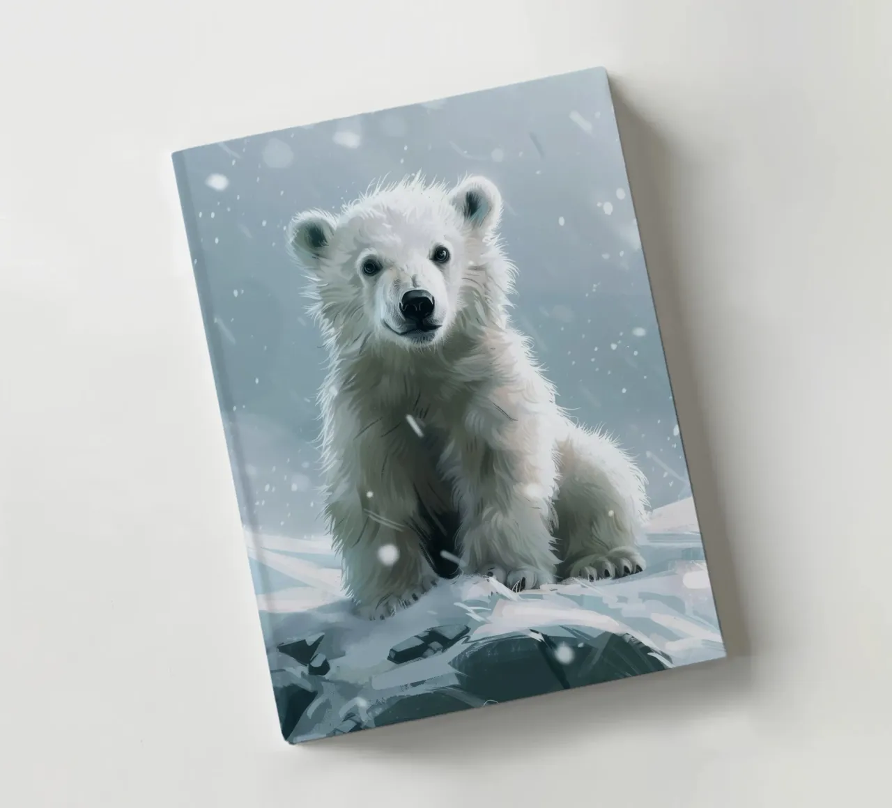 Polar bear cub sitting on snowy landscape with falling snow notebook by DesignDoodle