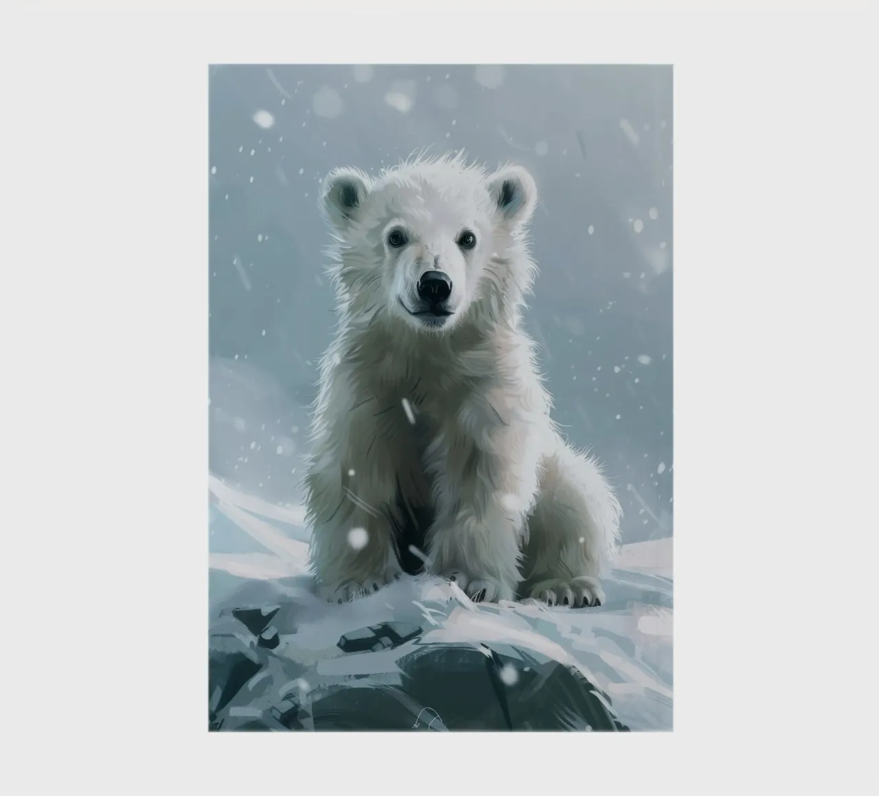 Polar bear cub sitting on snowy landscape with falling snow notebook by DesignDoodle