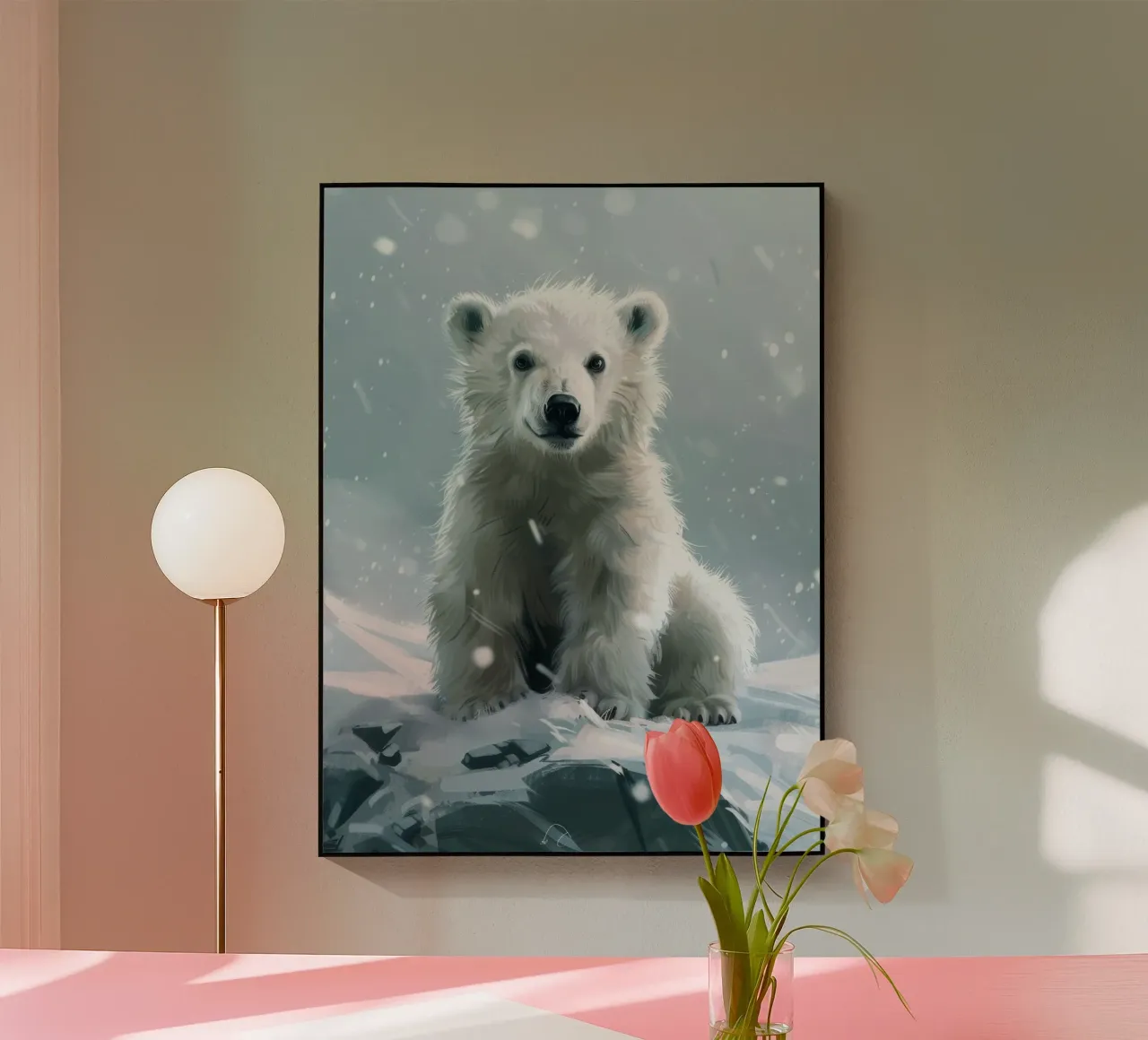 Cucciolo di orso polare seduto su un paesaggio innevato con neve cadente plexiglass da DesignDoodle