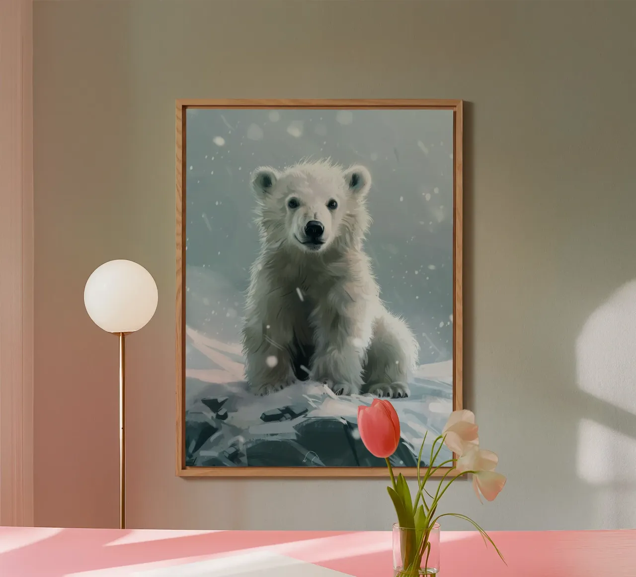Cucciolo di orso polare seduto su un paesaggio innevato con neve cadente alluminio dibond da DesignDoodle