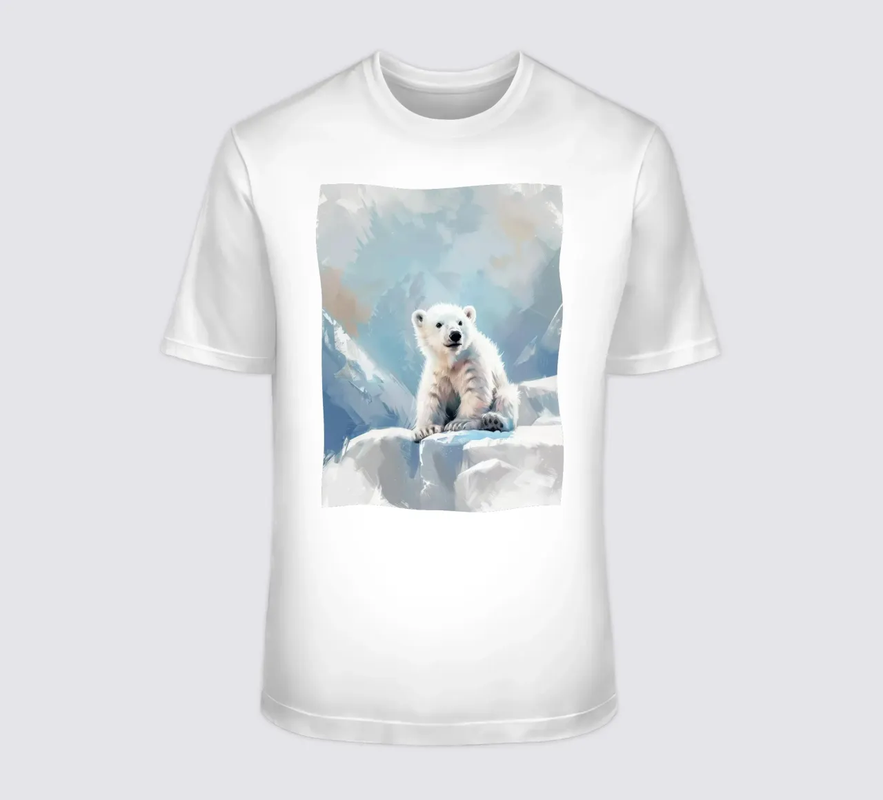 Polar bear cub resting on an ice ledge in a snowy wilderness t-shirt by DesignDoodle