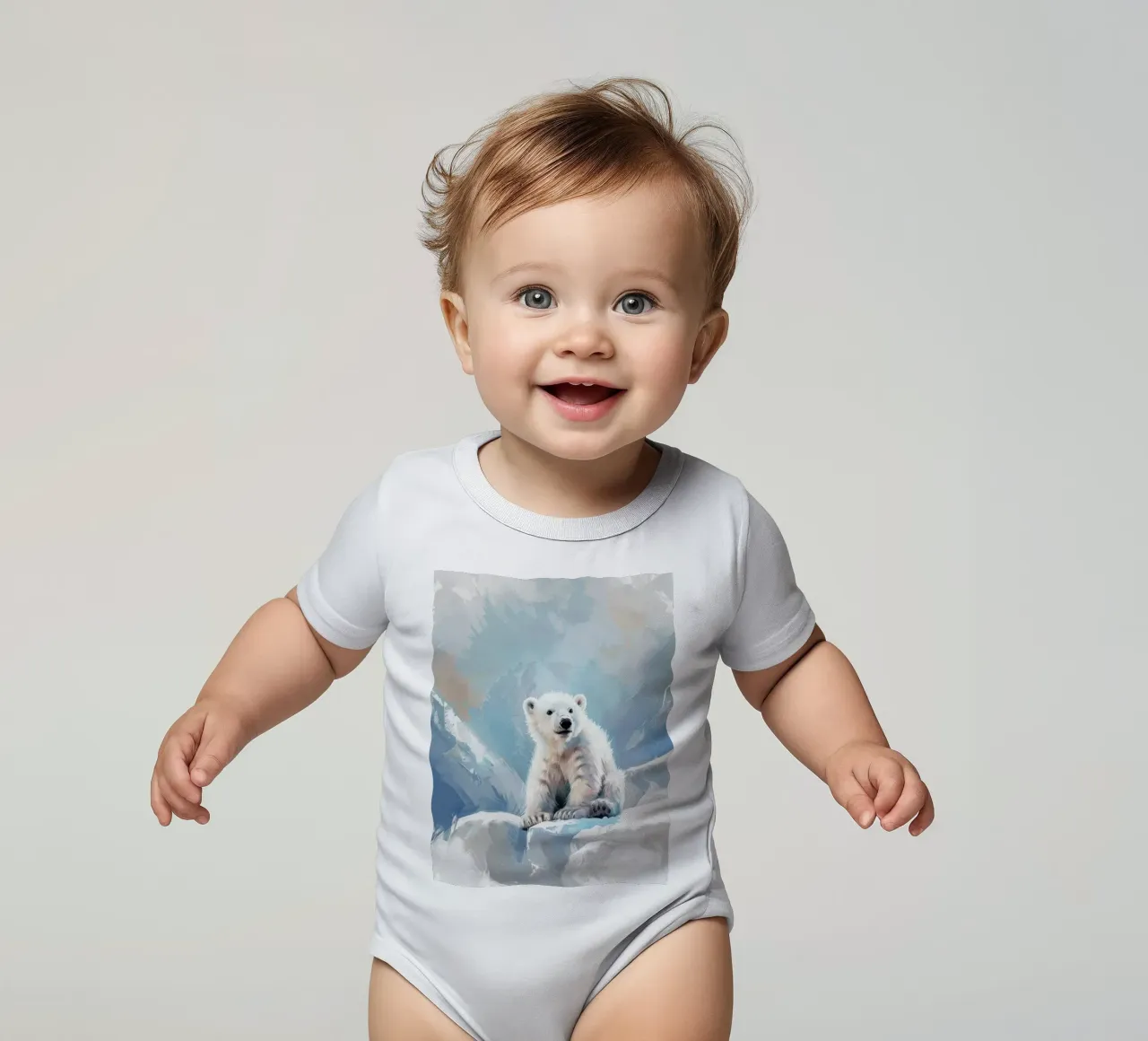 Polar bear cub resting on an ice ledge in a snowy wilderness short-sleeve baby romper by DesignDoodle