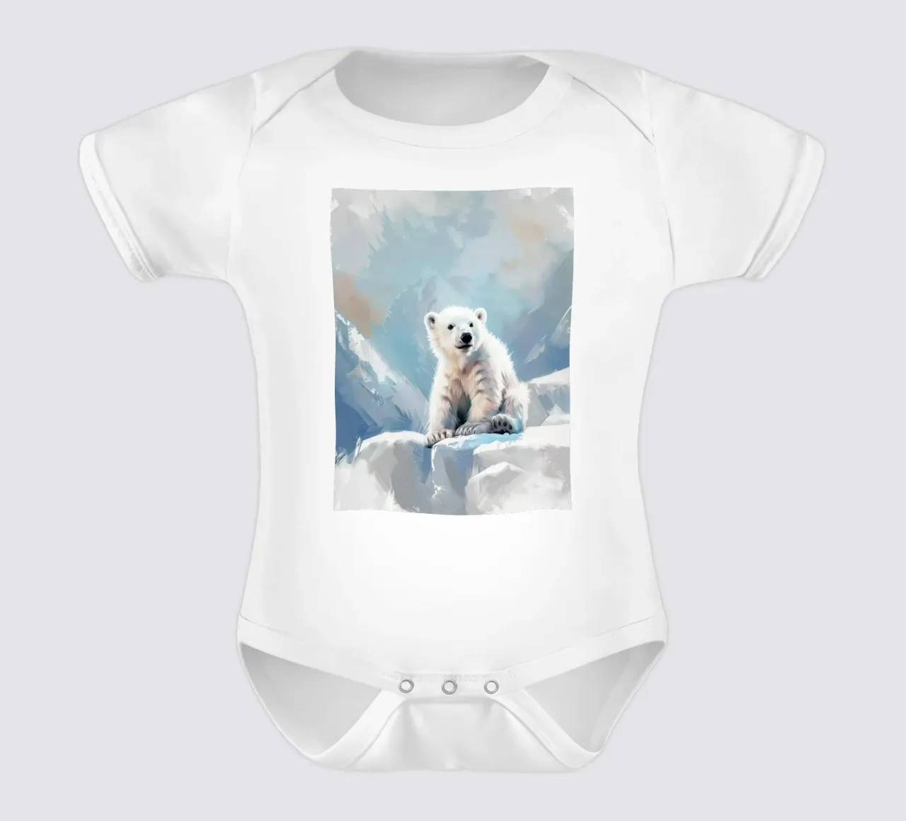 Polar bear cub resting on an ice ledge in a snowy wilderness short-sleeve baby romper by DesignDoodle