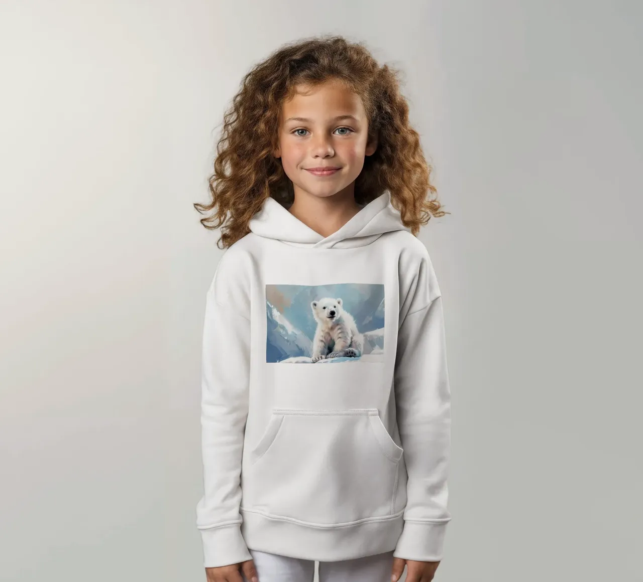 Polar bear cub resting on an ice ledge in a snowy wilderness kids hoodie by DesignDoodle