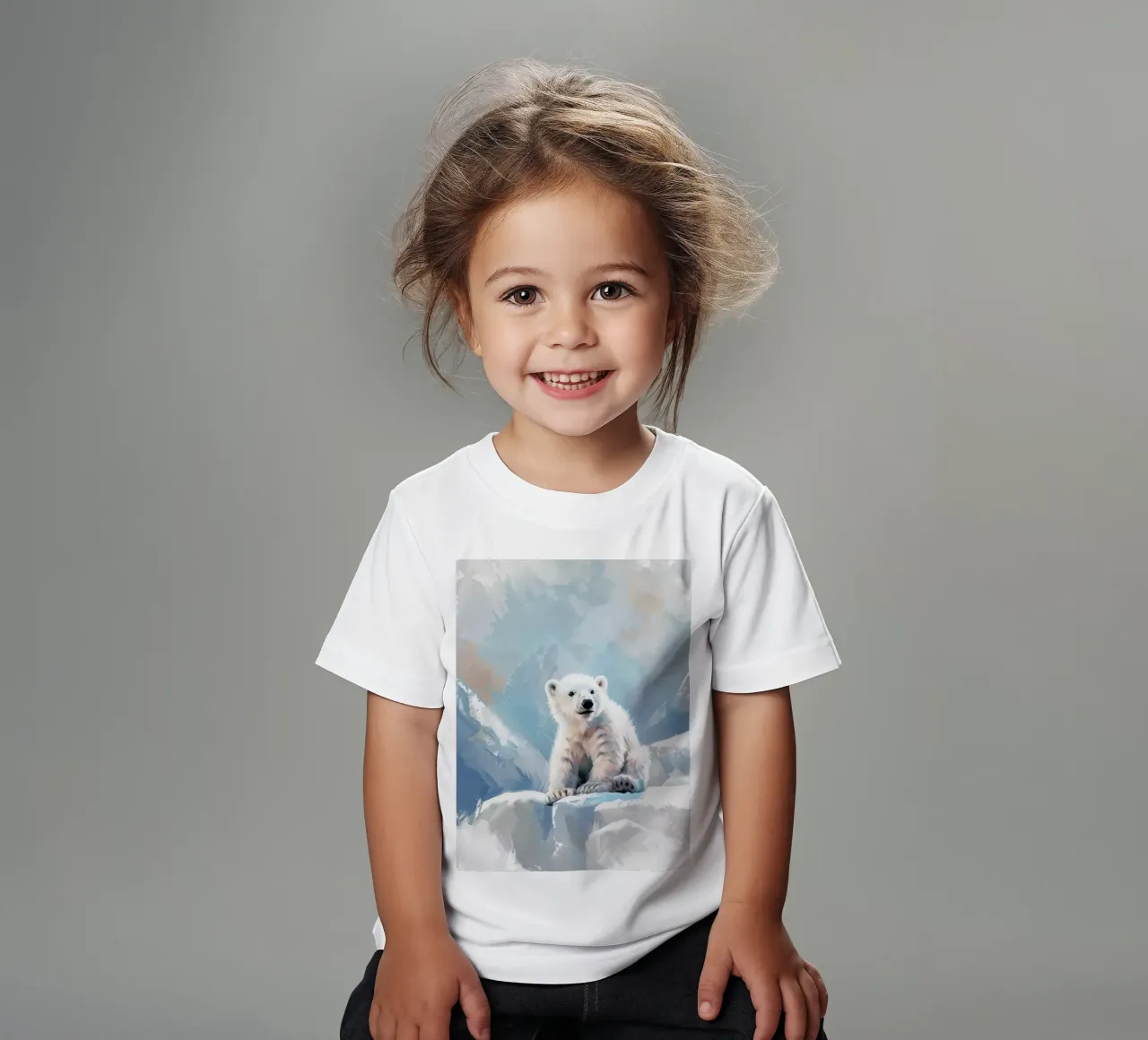 Polar bear cub resting on an ice ledge in a snowy wilderness kids t-shirt by DesignDoodle