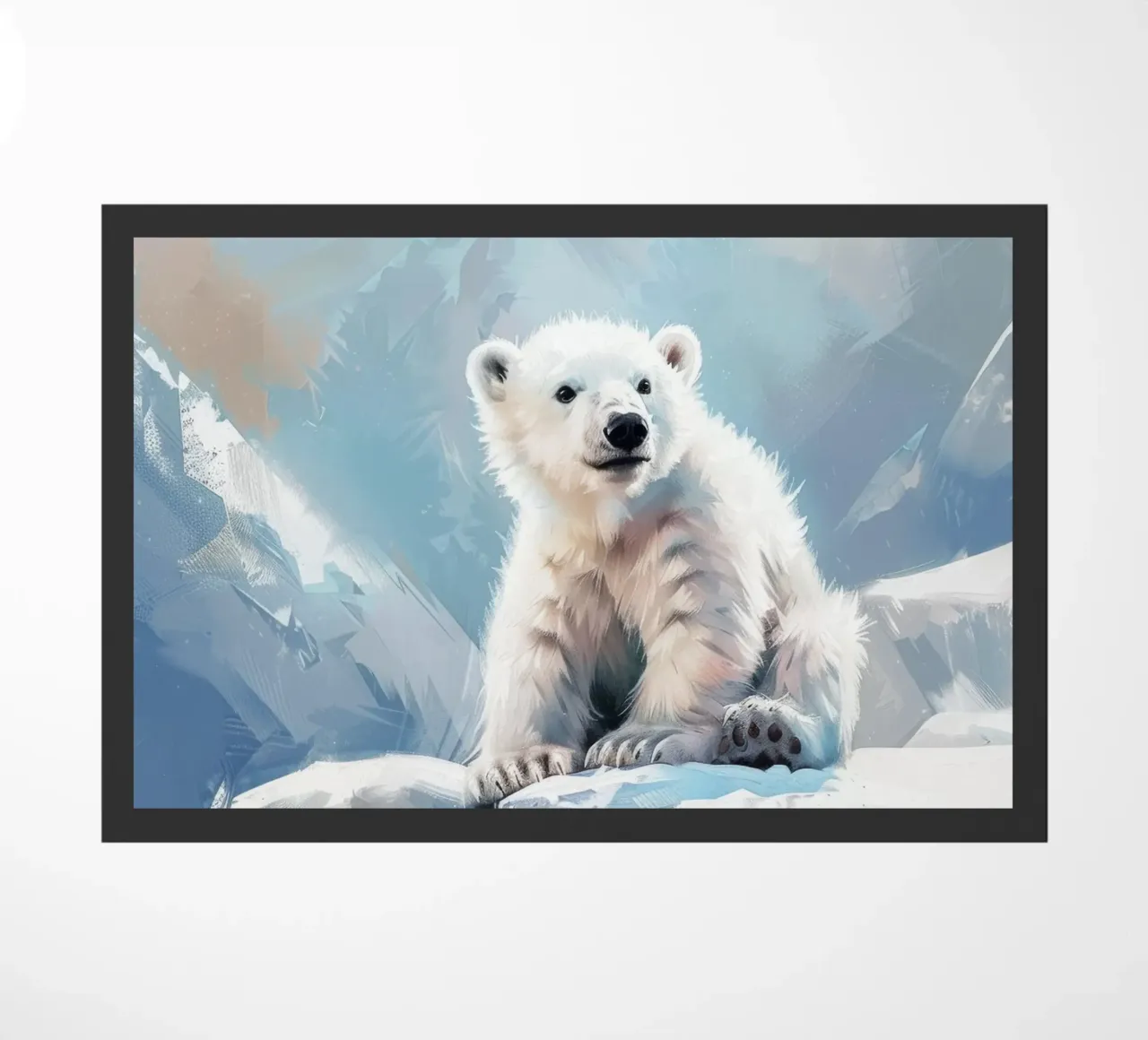 Polar bear cub resting on an ice ledge in a snowy wilderness doormat by DesignDoodle