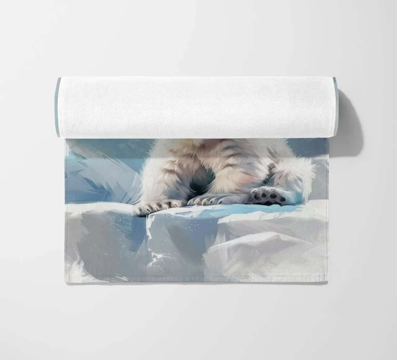 Polar bear cub resting on an ice ledge in a snowy wilderness beach towel by DesignDoodle