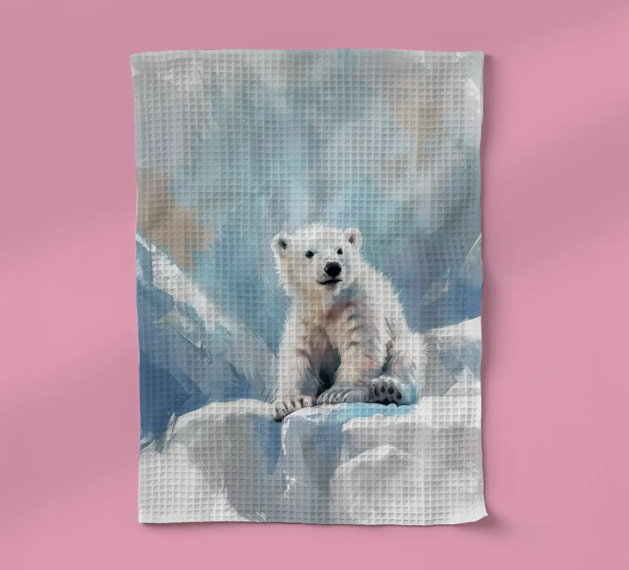Polar bear cub resting on an ice ledge in a snowy wilderness tea towel by DesignDoodle