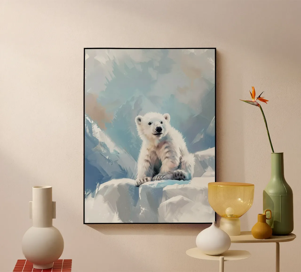 Cucciolo di orso polare che riposa su una sporgenza di ghiaccio in una regione selvaggia e innevata plexiglass da DesignDoodle
