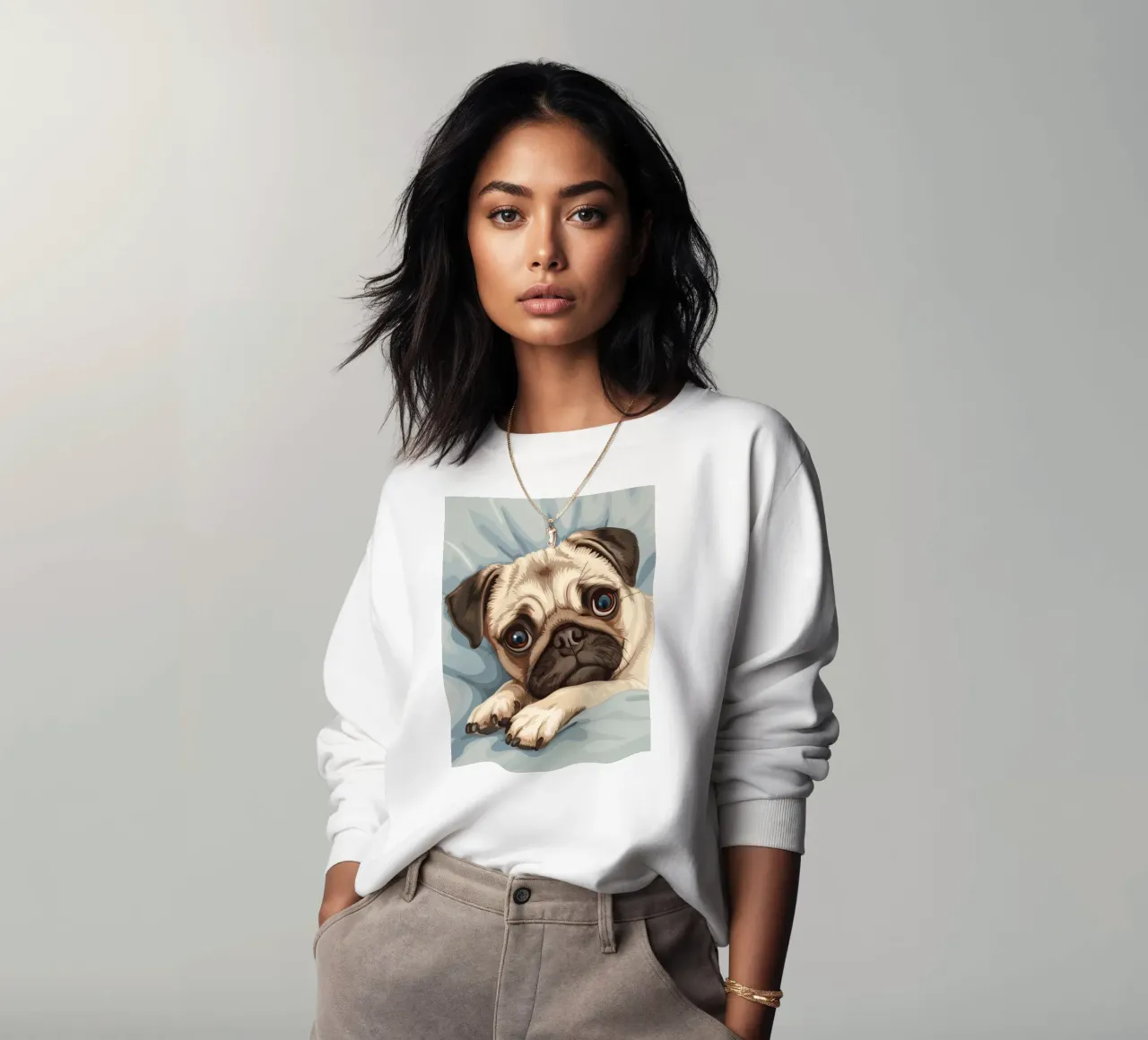 Cute pug resting on soft fabric with a thoughtful expression sweatshirt by DesignDoodle