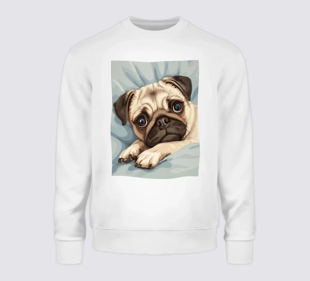Cute pug resting on soft fabric with a thoughtful expression sweatshirt by DesignDoodle