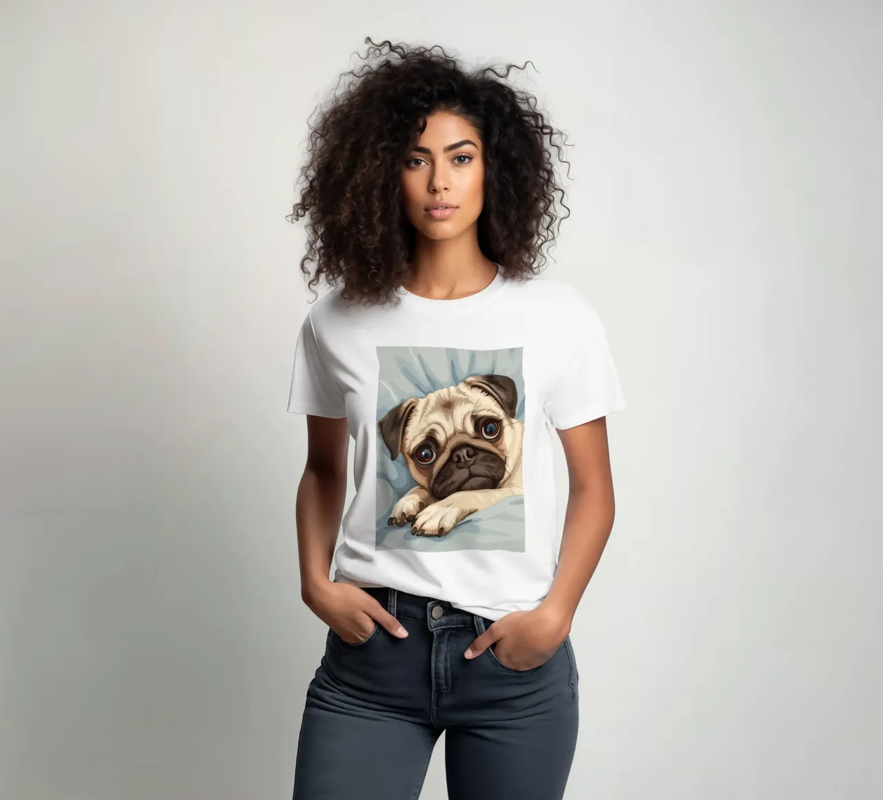 Cute pug resting on soft fabric with a thoughtful expression t-shirt by DesignDoodle