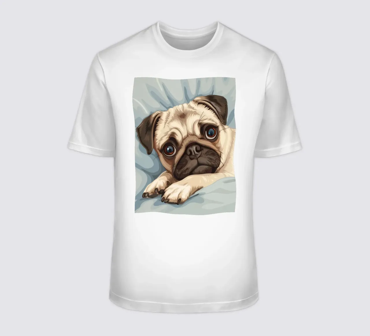 Cute pug resting on soft fabric with a thoughtful expression t-shirt by DesignDoodle