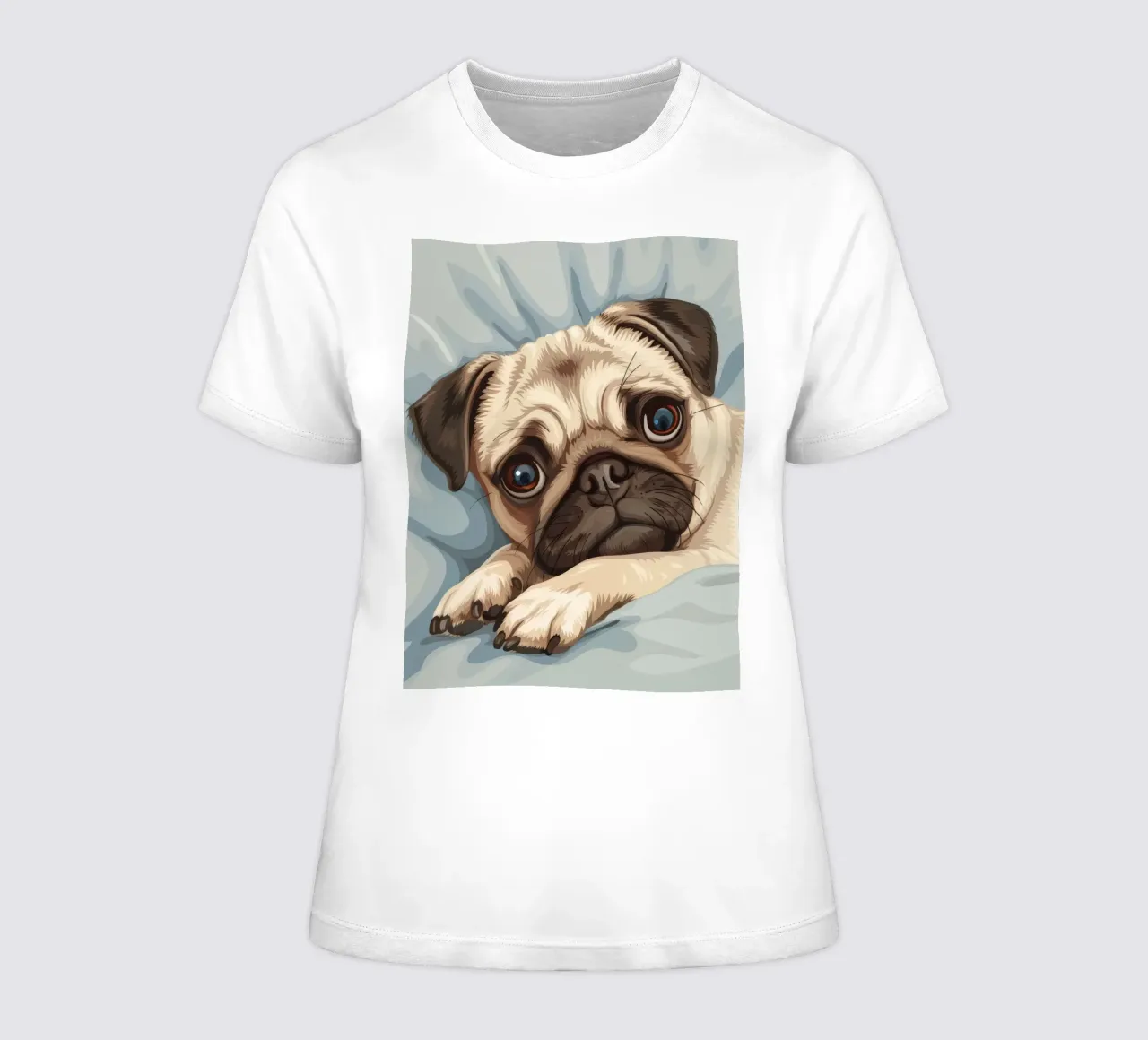 Cute pug resting on soft fabric with a thoughtful expression women's fitted t-shirt by DesignDoodle