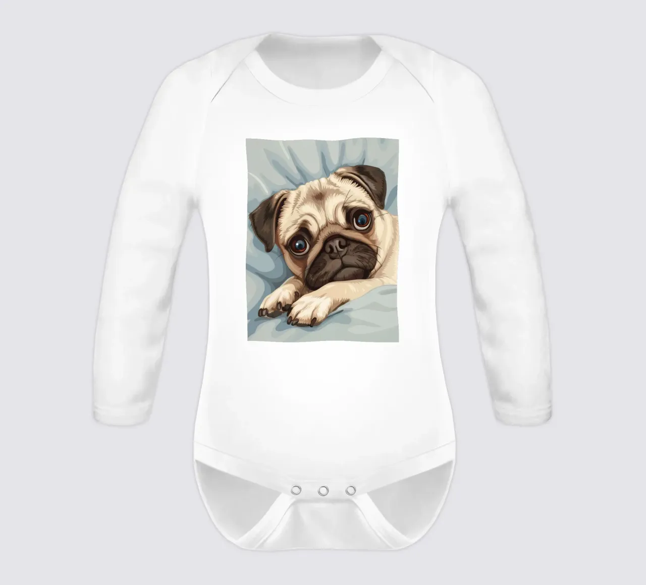 Cute pug resting on soft fabric with a thoughtful expression long-sleeve baby romper by DesignDoodle
