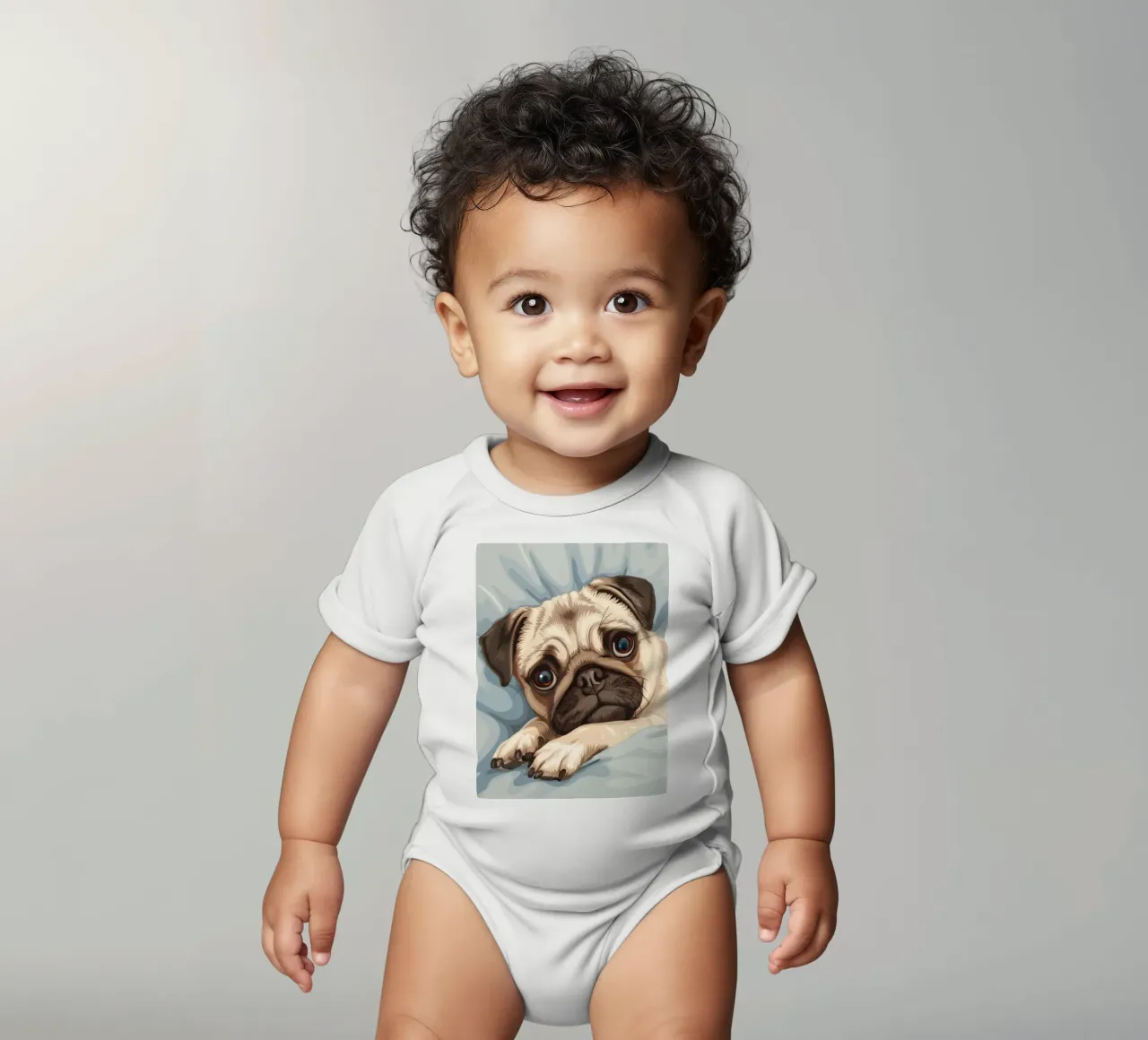 Cute pug resting on soft fabric with a thoughtful expression short-sleeve baby romper by DesignDoodle